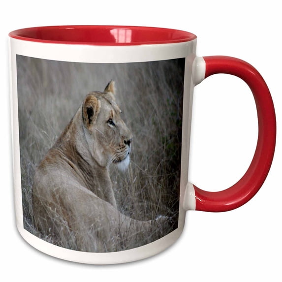3drose, South African Lioness Laying in the Grass, 11oz Two-tone Red Mug
