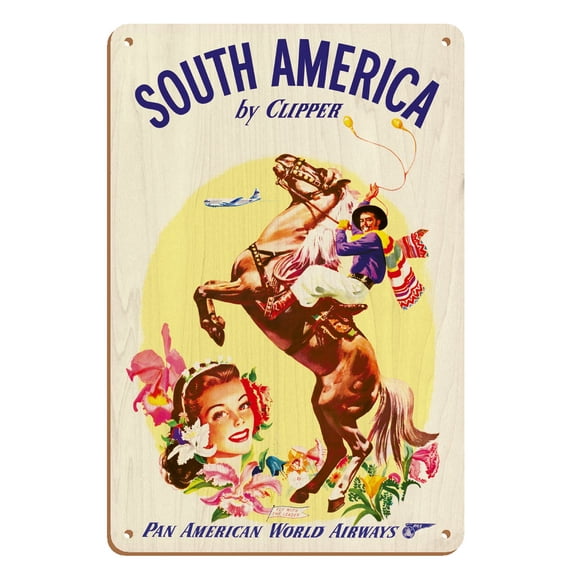 South America by Clipper - Argentinian Gaucho (Horseman) swinging Boleadoras - Vintage Airline Travel Poster c.1950s - 8 x 12 inch Vintage Wood Art Sign