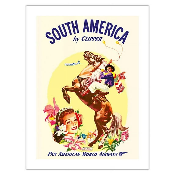 South America by Clipper - Pan American World Airways - Argentinian Gaucho (Horseman) swinging Boleadoras - Vintage Airline Travel Poster c.1950s - Fine Art Matte Paper Print (Unframed) 18x24in