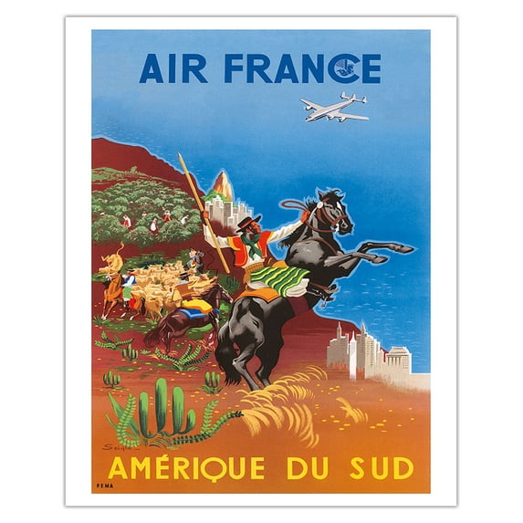South America (L’Amerique Du Sud) - Gauchos (Cowboys) - Vintage France Airline Travel Poster by Seigle c.1950 - Fine Art Matte Paper Print (Unframed) 16x20in