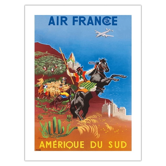 South America (L’Amerique Du Sud) - Gauchos (Cowboys) - Vintage France Airline Travel Poster by Seigle c.1950 - Fine Art Matte Paper Print (Unframed) 18x24in