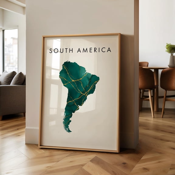 South America Map PRINTED Poster Green and Gold Wall Art Print Home Decor Geography Map Gift Wallpaper