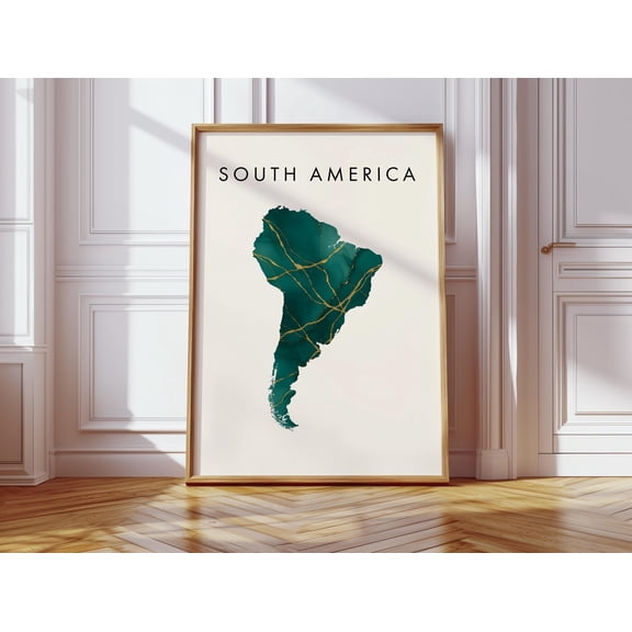 South America Map Poster Green and Gold Wall Art Print Home Decor Geography Map Gift Wallpaper