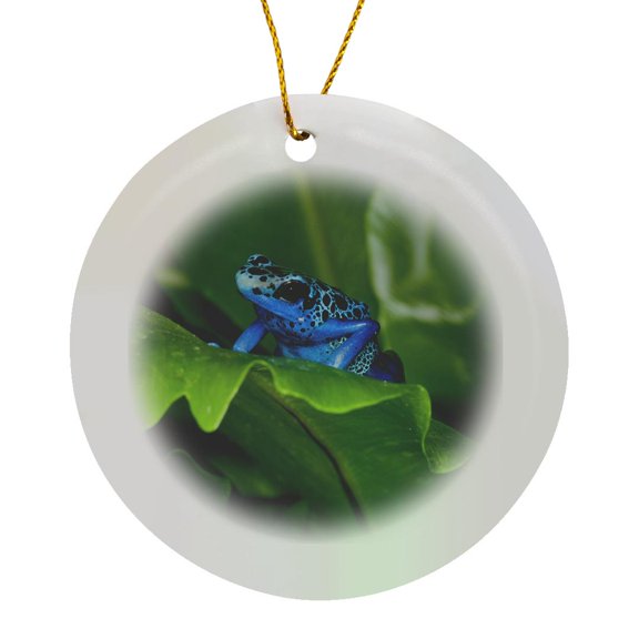 3drose, South America, Suriname. Blue Dart Frog on Leaf., Circle Porcelain Ornament