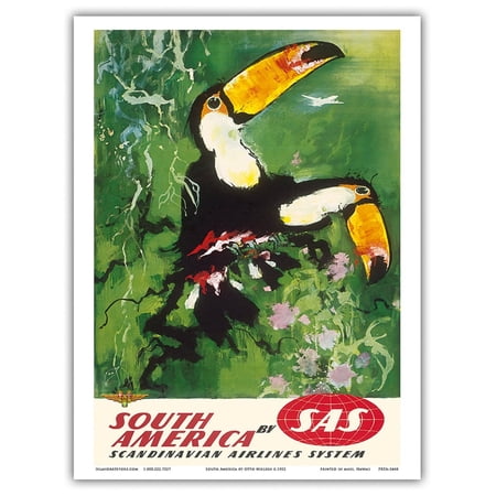 South America - Tocu Toucans - SAS Scandinavian Airlines System - Vintage Airline Travel Poster by Otto Nielsen c.1952 - Master Art Print (Unframed) 9in x 12in