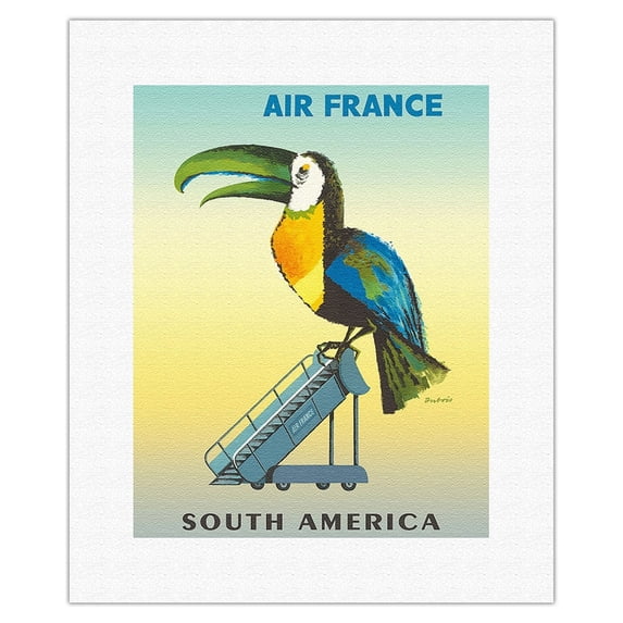 South America - Toucan - France - Vintage Airline Travel Poster by Jacques Dubois c.1956 - Fine Art Rolled Canvas Print 11in x 14in