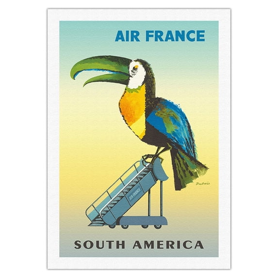South America - Toucan - France - Vintage Airline Travel Poster by Jacques Dubois c.1956 - Fine Art Rolled Canvas Print 27in x 40in