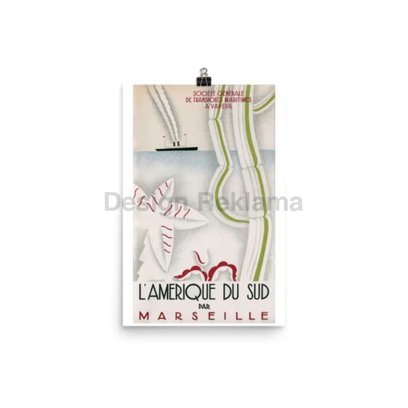 South America by Marseille, 1929. Société Générale de Transports Maritimes à Vapeur. Unframed Vintage Travel Poster
