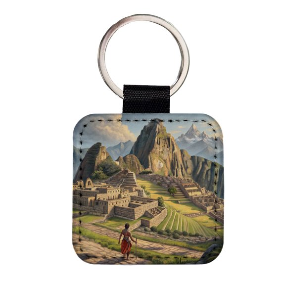 South American Inca Empire Faux Leather Square Keychain