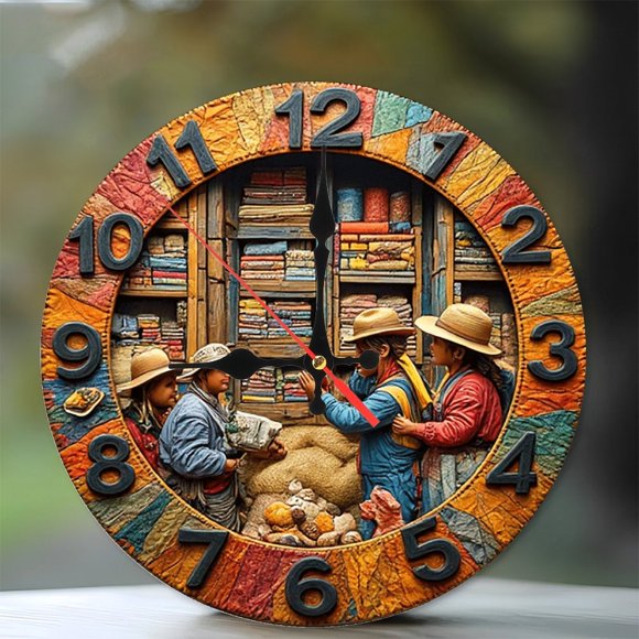 South American Market Scene Wall Clock 10-Inch Silent Wooden Wall Clock, Battery Operated (AA Batteries Not Included), Artistic Home Decor