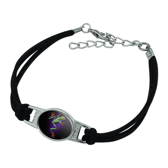 South American Tree Frog Neon Novelty Suede Leather Metal Bracelet