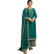 South Asian Wear Pakistani Salwar Kameez Indian Designer Sewn Palazzo Suits  Teal Blue, L - 42