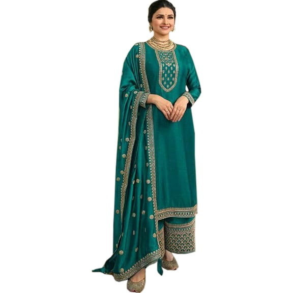 South Asian Wear Pakistani Salwar Kameez Indian Designer Sewn Palazzo Suits ( Teal Blue, XXL - 46 )