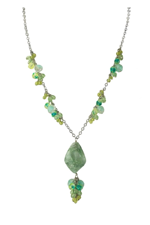 Tropical Beach Milky Green Quartz and Glass Bead Statement Necklace, 19 Inch Jewelry Silver