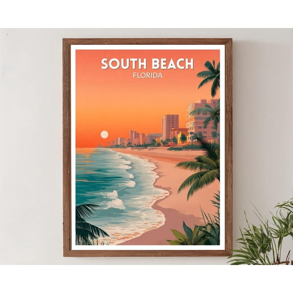 South Beach Miami Florida Sunset Romantic Tropical Coastal Travel Memory Beach Decor, Unframed Poster