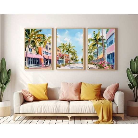 South Beach Poster Miami Art Deco Wall Art Palm Tree Coastal Decor Tropical Travel Poster Florida Sunshine Artwork, Stretched Canvas