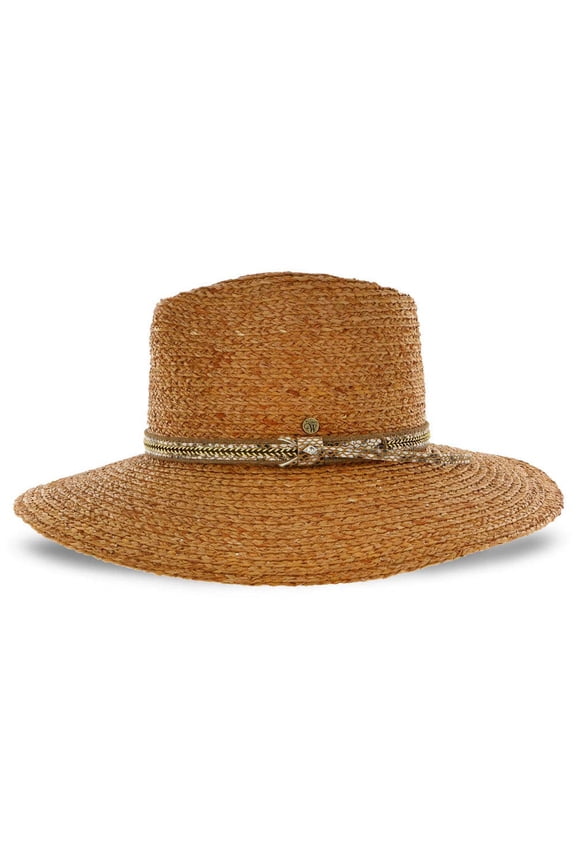 South Beach Natural with brown Band Raffia Straw Fedora Hat – Wide Brim Summer Hat for Women with with 3.75" Brim, 4.5" Crown,