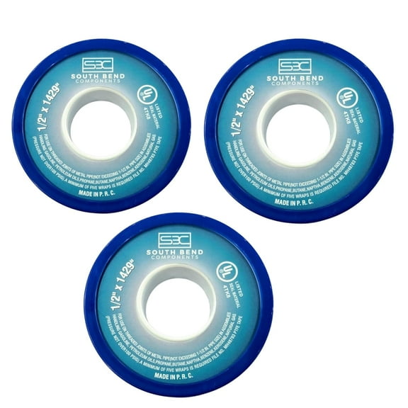 South Bend Components 1/2 Inch x 1429 Inch 70885 PTFE Thread Seal Tape Teflon Tape for Plumbing, Gas, Water, and Air Systems | Leak-Proof, Durable Thread Tape for Metal and Plastic Pipes (3-Pack)