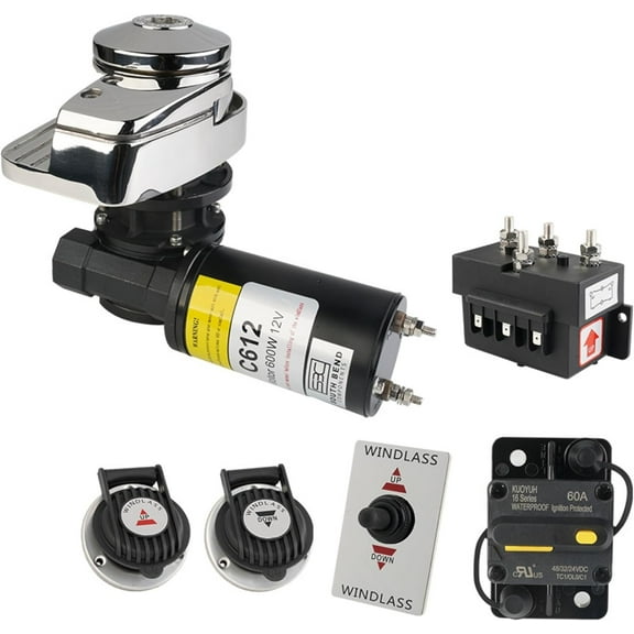 South Bend Components Vertical Windlass Anchor System - C612 600W 12V DC,1/4" HT G4 Chain-1/2 Inch (12mm) Rope 992 LB Pulling Power, 316 Stainless Steel Housing, Under-Deck Motor for Boats 20-35 ft