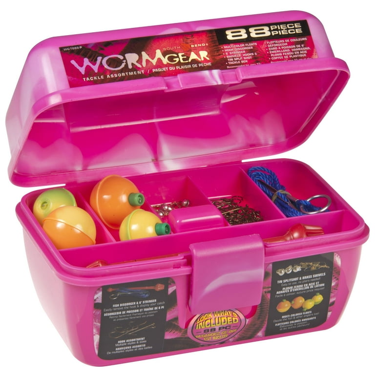 South Bend Worm Gear 88-Piece Loaded Fishing Tackle Box, Pink 