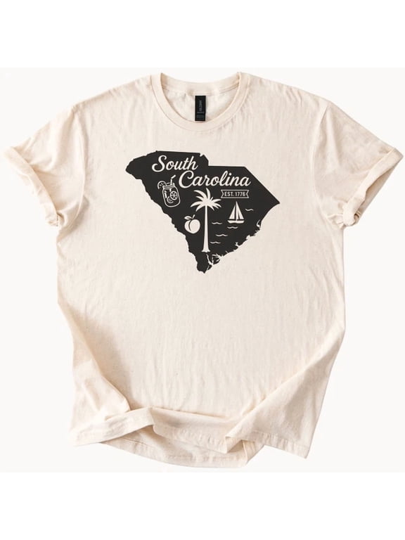 South Carolina Graphic T Shirt State Outline Palm Tree Peach Sailboat Tee