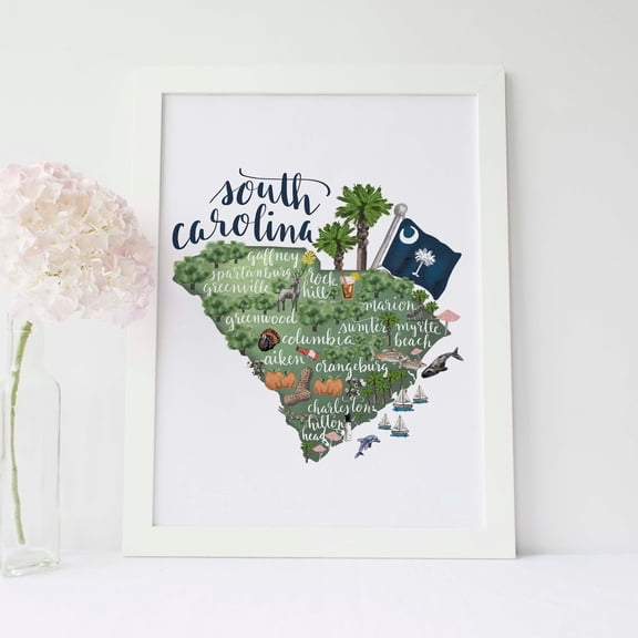 South Carolina State Map Sc Charleston Gift With Savannah Hometown Landmark Wall Art Decor Print Or Art