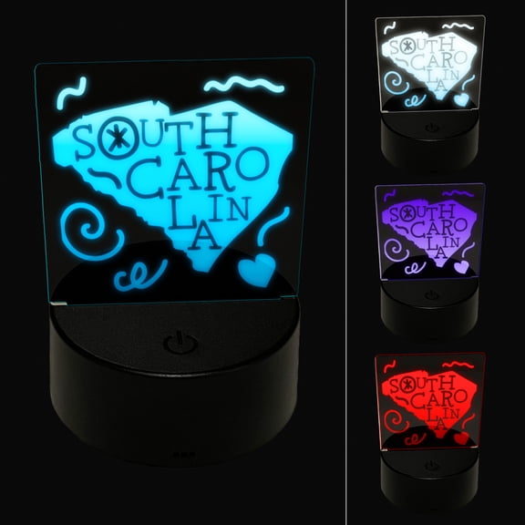 South Carolina State with Text Swirls LED Night Light Sign 3D Illusion Desk Nightstand Lamp