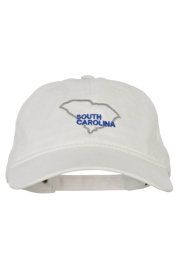 South Carolina with Map Outline Embroidered Washed Cotton Twill Cap - White OSFM