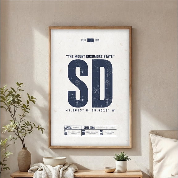 South Dakota Art Print State Initials Info & Landmarks