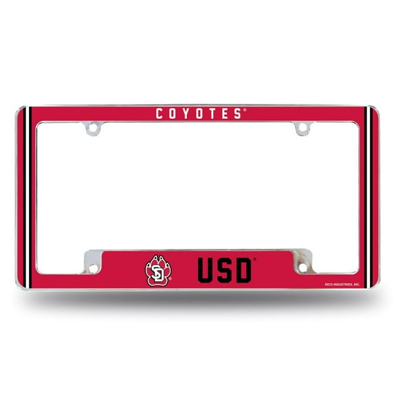 South Dakota NCAA Coyotes Chrome Metal License Plate Frame with Full Frame Team Color Graphics