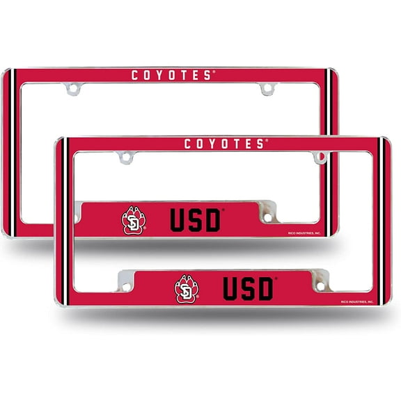 South Dakota NCAA Coyotes (Set of 2) Chrome Metal License Plate Frames with Bold Full Frame Design