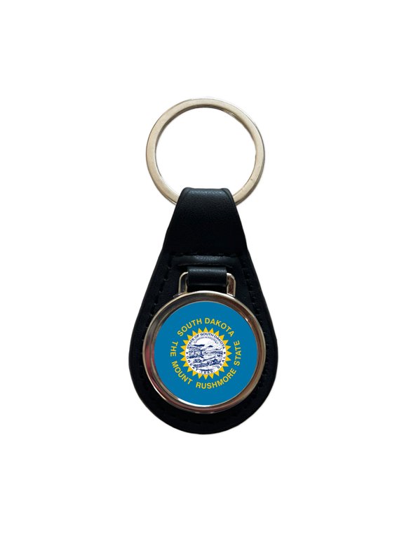 South Dakota SD State Flag Metal Black Leather Keychain