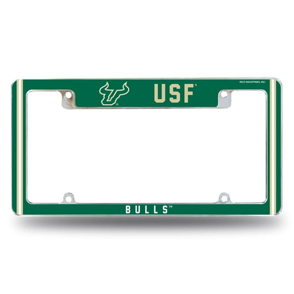 South Florida NCAA Bulls Chrome Metal License Plate Frame with Full Frame Team Color Graphics