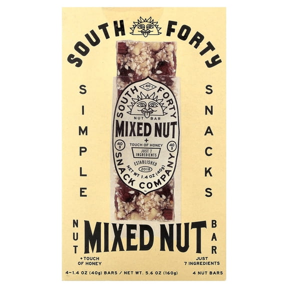 South Forty Snack Company Nut Bar, Mixed Nut + Touch of Honey, 4 Bars, 1.4 oz (40 g) Each