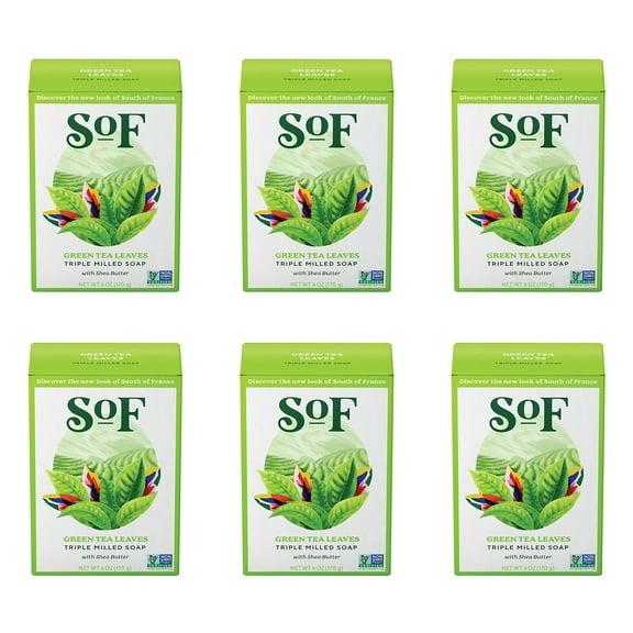 South Of France Green Tea Leaves Bar Soap by SoF Body Care (Formerly Body Care) | Triple-Milled Soap with Shea Butter + Essential Oils | Vegan, Non-GMO Body Soap | 6 oz Bar | 6 Bars