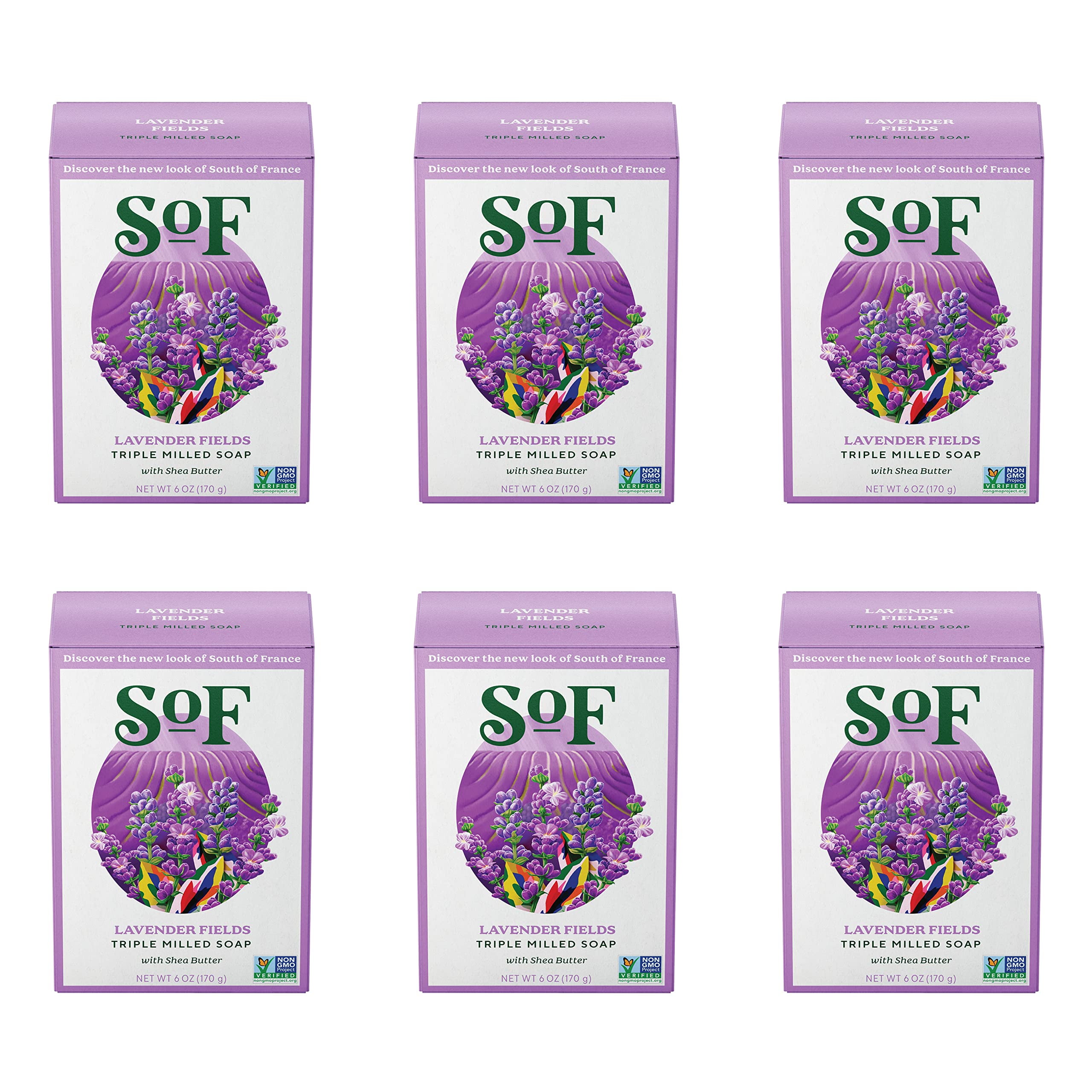 South Of France Lavender Fields Bar Soap by SoF Body Care (Formerly Body Care) | Triple-Milled Soap with Shea Butter + Essential Oils| Vegan, Non-GMO Body Soap | 6 oz Bar | 6 Bars