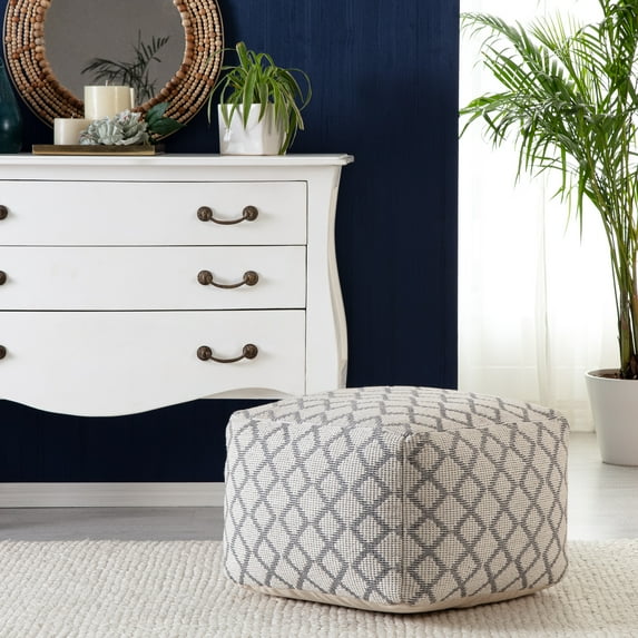 South Grand 22" Square Pouf Ottoman Ivory & Gray