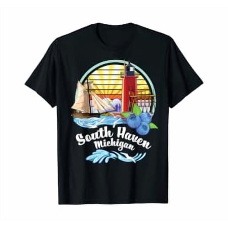 South Haven MI Lighthouse Blueberries Sailboat Beach Design T-Shirt, Unisex T-Shirt