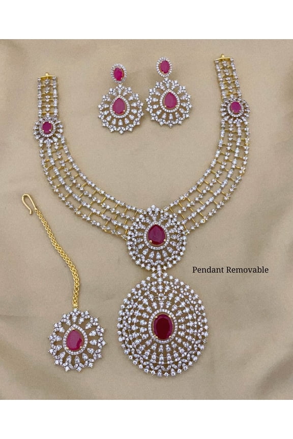 South Indian Bollywood GJ Polish Gold-Plated Ruby Haram Necklace Set  White & Ruby AD CZ Stones with Matching Drop Earrings & Maangtika Bridal Jewelry