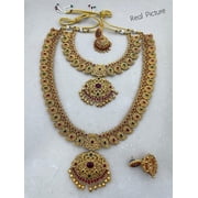 South Indian Bollywood Gold Plated AD CZ Ruby & Green Stone Bridal Haram Matte Finish Brass Choker & Long Necklace 2 Combo Set with Matching Jhumki Earrings