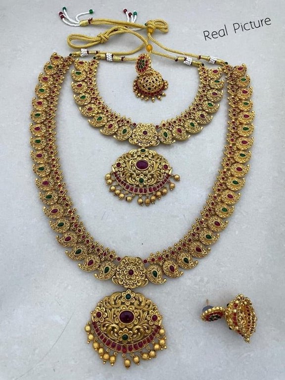 South Indian Bollywood Gold Plated AD CZ Ruby & Green Stone Bridal Haram Matte Finish Brass Choker & Long Necklace 2 Combo Set with Matching Jhumki Earrings