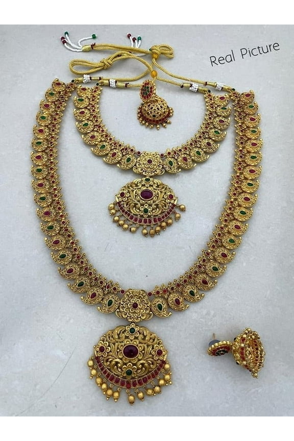 South Indian Bollywood Gold Plated AD CZ Ruby & Green Stone Bridal Haram Matte Finish Brass Choker & Long Necklace 2 Combo Set with Matching Jhumki Earrings