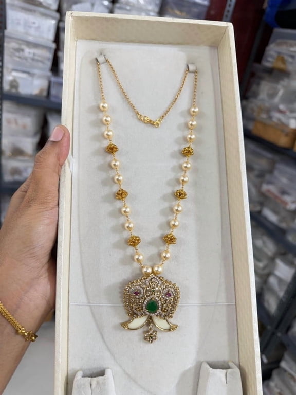South Indian Bollywood Gold Plated AD CZ Ruby & Green Stone Swarovski Pearl Chain Haram Necklace Set with Matching Drop Earrings
