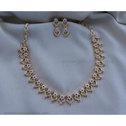 South Indian Bollywood Gold Plated AD CZ Ruby Stone Matte Finish Brass Necklace Set with Matching Drop Earrings   Traditional Bridal & Party Wear Jewelry