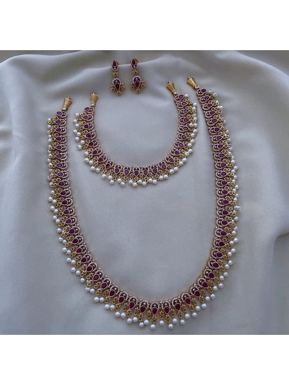 South Indian Bollywood Gold Plated AD CZ White, Ruby & Green Stone Flower Haaram Matte Finish Brass Pearl Short & Long Necklace 2-Combo Set with Matching Drop Earrings Bridal & Party Wear Jewelry