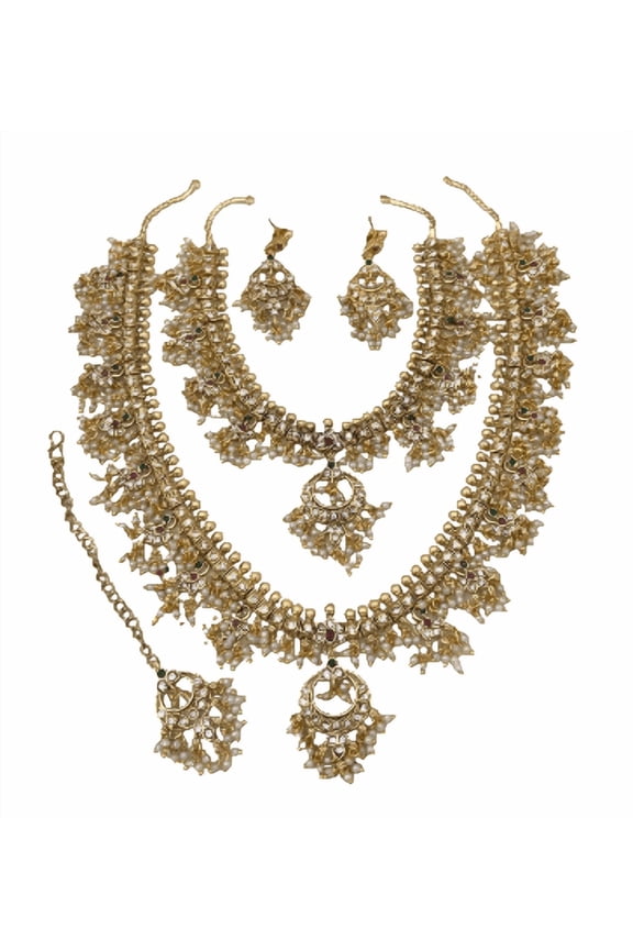 South Indian Bollywood Gold Plated AD CZ White, Ruby & Green Stone Guttapusalu Haram Matte Finish Brass Choker & Long Necklace 2 Combo Set