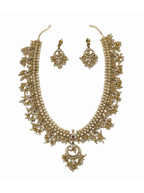 South Indian Bollywood Gold Plated AD CZ White, Ruby & Green Stone Guttapusalu Haram Matte Finish Brass Necklace Set with Matching Drop Earrings Bridal & Party Wear Jewelry