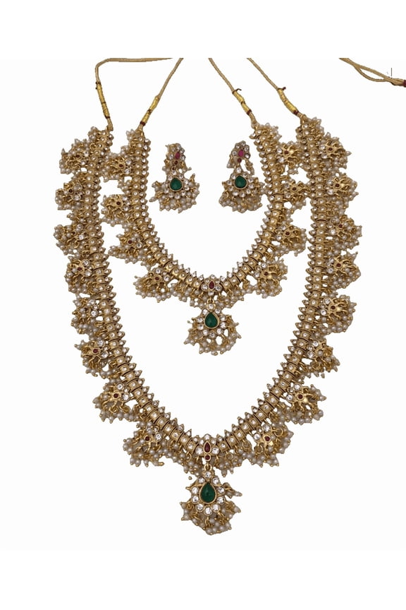 South Indian Bollywood Gold Plated AD CZ White, Ruby & Green Stone Guttapusalu Haram Matte Finish Brass Short & Long Necklace 2 Combo Set with Matching Drop Earrings Bridal & Party Wear Jewelry