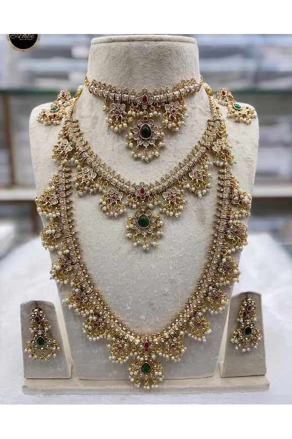 South Indian Bollywood Gold Plated Brass AD CZ Multicolor Stone Matte Finish Guttapusalu Semi-Bridal Choker Necklace Set with Matching Drop Earrings 3 Combo Jewelry Set