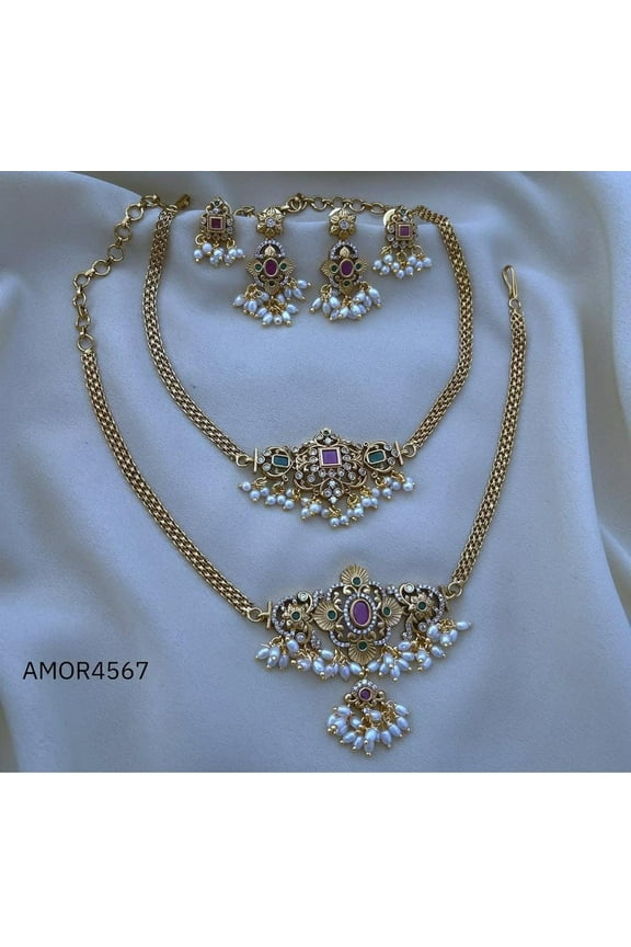 South Indian Bollywood Gold Plated CZ Multicolor Stone Matte Finish Brass Guttapusalu Pearl Short Necklace 2-Combo Set with Matching Drop Earrings - Bridal Jewelry